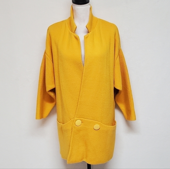 VINTAGE 90s I.B. Diffusion Mustard Yellow Knit Oversized Kimono Sweater Cardigan - Picture 4 of 14